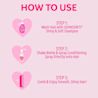 Instructions on how to use Johnson's Baby Shiny & Soft Shampoo and conditioner: Step 1 - Wash hair with shampoo, Step 2 - Shake bottle and spray conditioning spray directly onto hair, Step 3 - Comb and enjoy smooth, shiny hair.