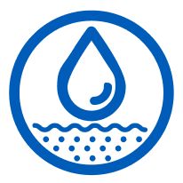 Icon showing water droplet above a layer of dots, representing moisture absorption.