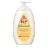 Johnsons Baby skin nourish moisturizing lotion, 16.9 fl oz bottle, with shea and cocoa butter scents, labeled for 24hr lightweight moisture for the whole family.