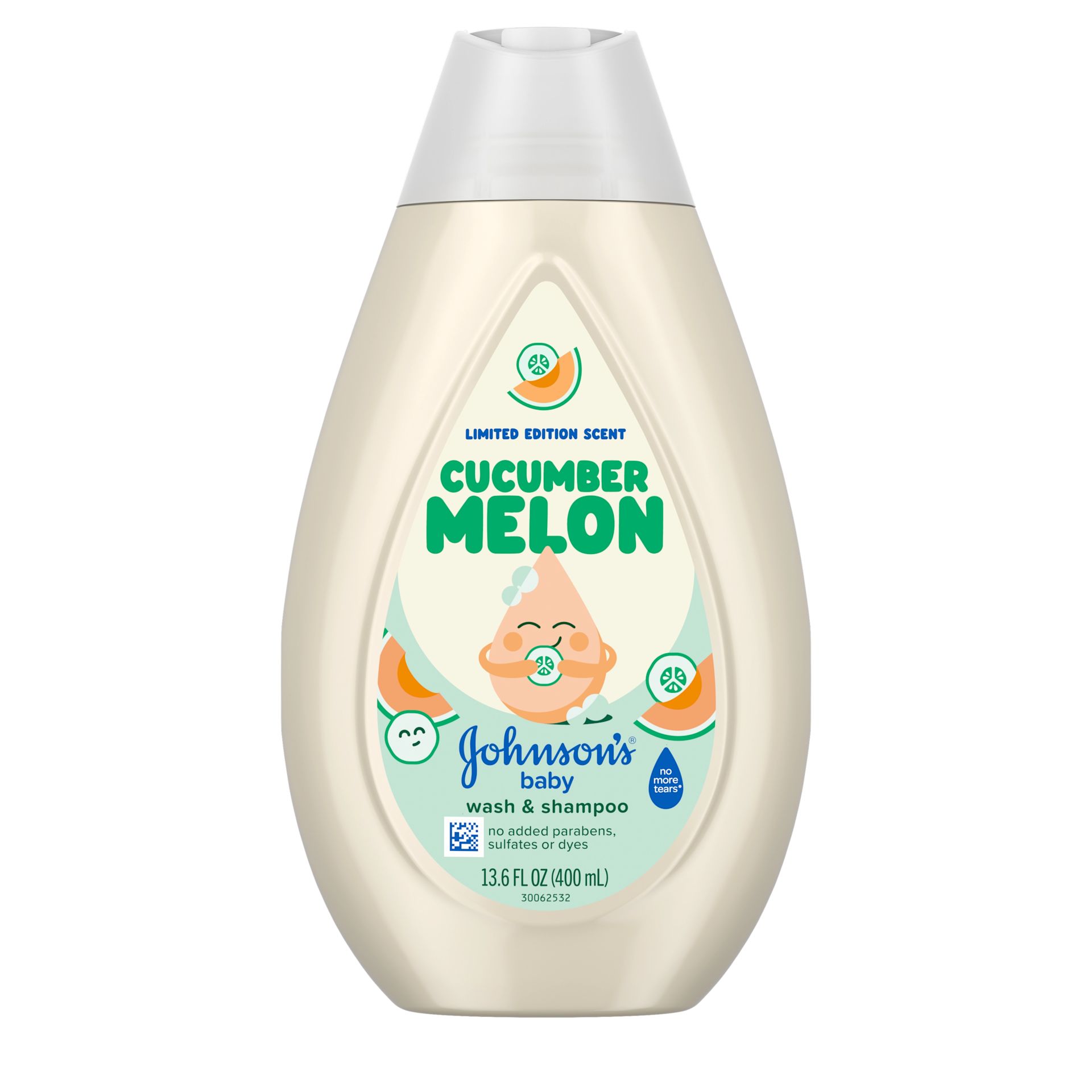 Front Pack Shot of JOHNSON’S® Baby Wash & Shampoo, Cucumber Melon Scent, 13.6oz