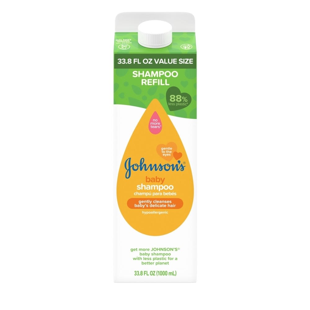 A white and green 33.8 FL OZ carton labeled "SHAMPOO REFILL" contains Johnson's baby shampoo. Text includes "88% less plastic," "no more tears," "gently cleanses baby's delicate hair," and "1000 mL."