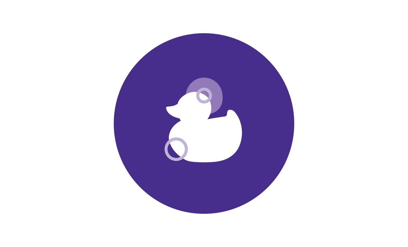 A white rubber duck sits still within a purple circular background, featuring two transparent circles on its head and body.