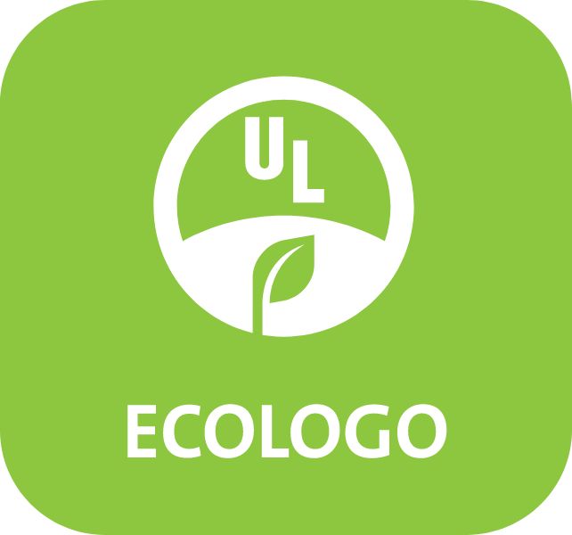 UL ECOLOGO certification logo, which consists of a white circular emblem with the letters "UL" at the top and a green leaf at the bottom, all set against a green background. This certification indicates a product certified by reducing environmental impact.