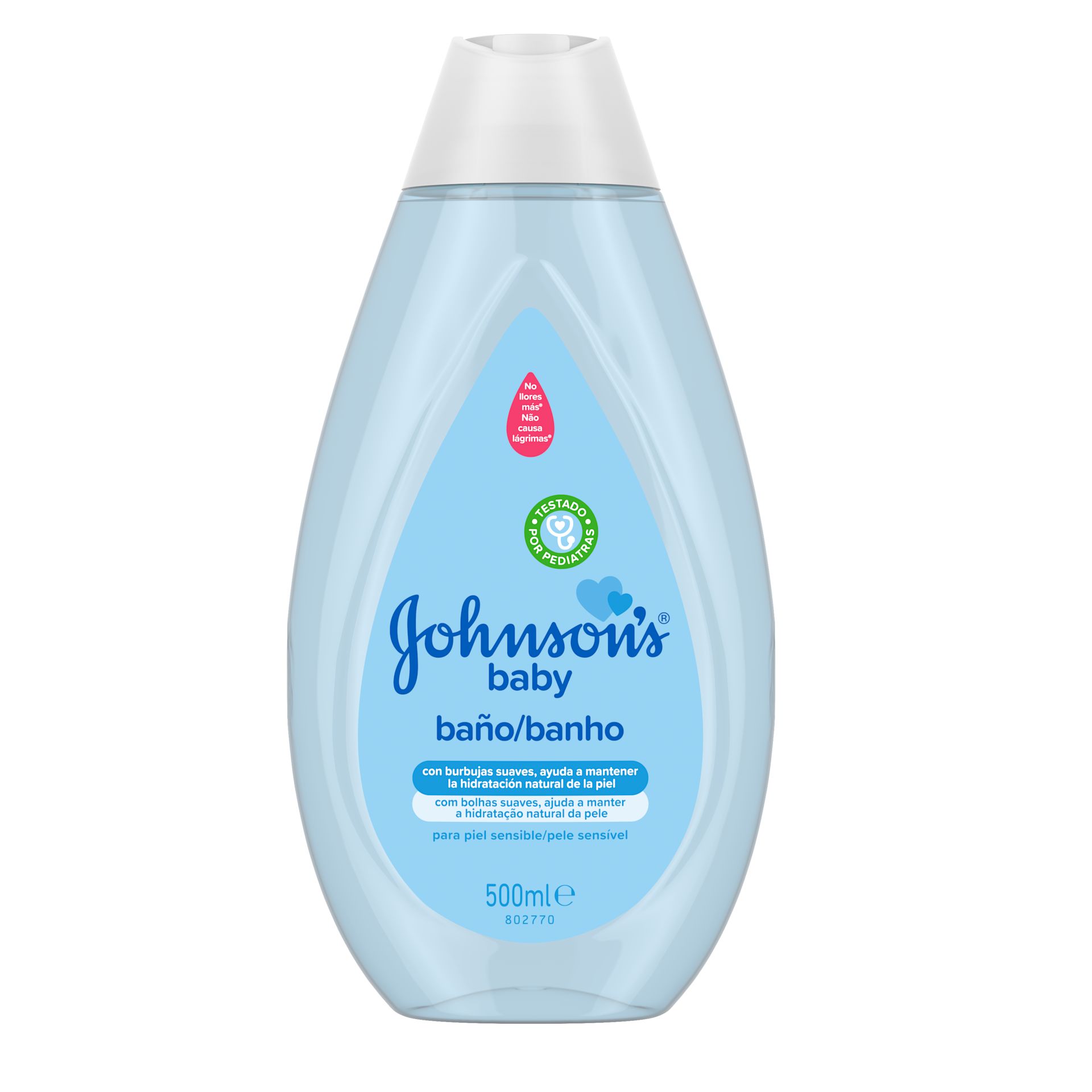 Mulher sorrindo, segurando frasco de Johnson's Baby na cor azul.