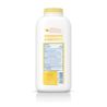 A white plastic bottle labeled “Johnson’s Baby Powder” with a yellow cap, is placed against a white background. The bottle features text detailing ingredients and usage instructions.