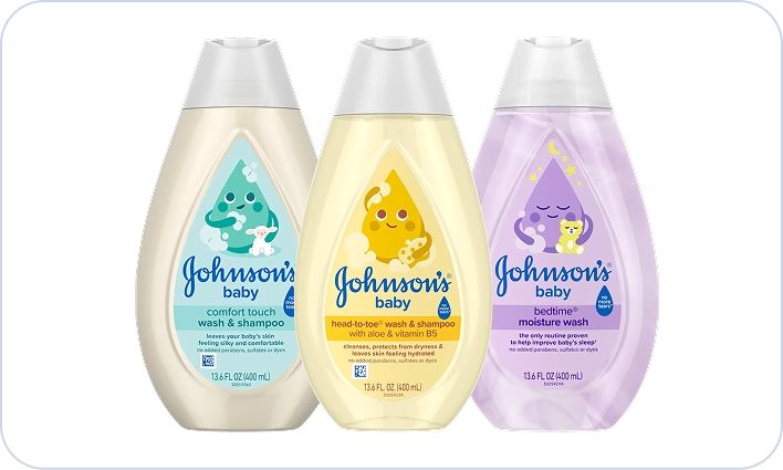 Baby Wash card image, featuring comfort touch, head-to-toe and bedtime wash & shampoo