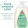 Johnson's Skin Nourish Moisturizing Lotion with Aloe Scent and Vitamin E bottle, with text 'Aloe & vitamin E lotion', 'Lightweight texture, moisturizes for 24hr with a non-greasy feel', and 'Clinically mildness proven'.