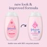 Before-and-after comparison of Johnson's baby lotion bottles, highlighting the new packaging design and improved formula.