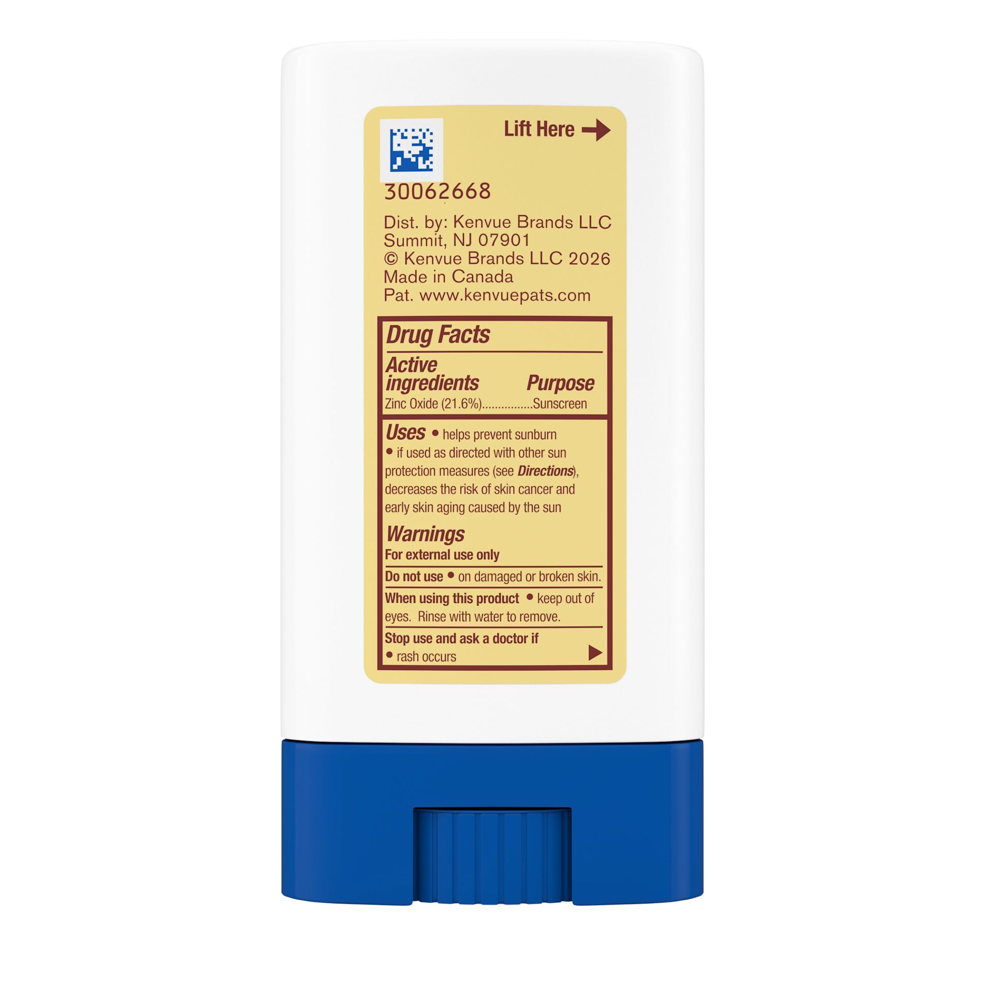Back of Pack Shot JOHNSON’S® Baby Mineral Sunscreen Stick, SPF 50, 0.47oz