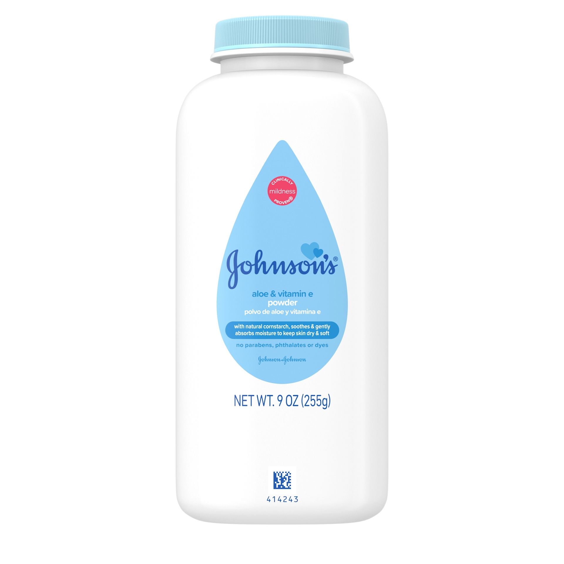 Front Pack Shot of Johnson's® Cornstarch Baby Powder with Aloe & Vitamin E 9oz 255g