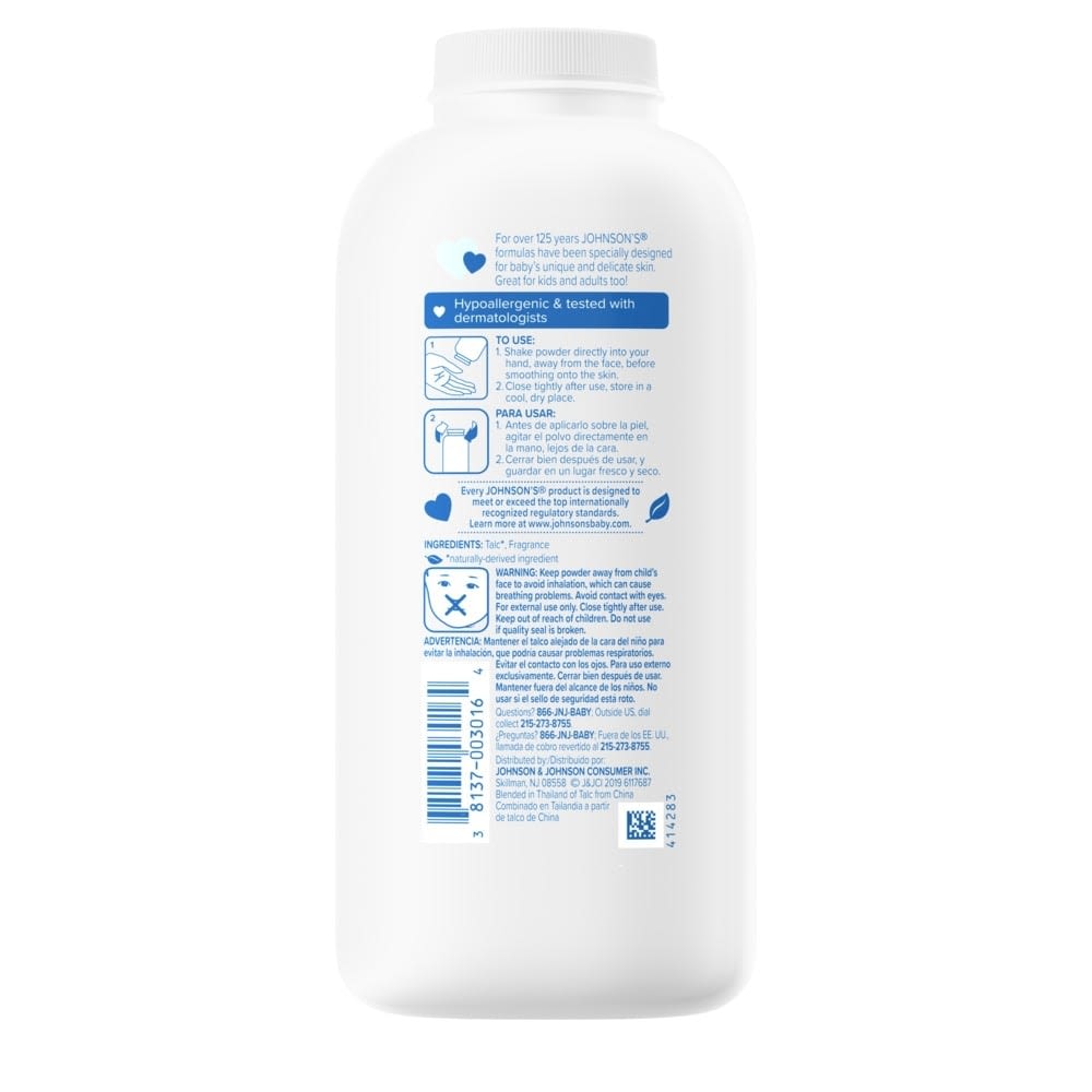Back view of Johnson's baby powder in a 9 oz white bottle showing usage instructions and ingredients.