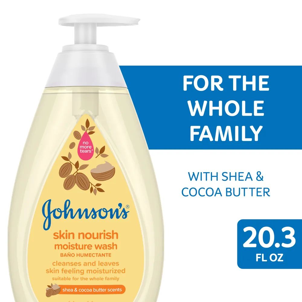 Johnson's Skin Nourish moisture wash bottle, 20.3 fl oz, with text 'For the whole family' and 'With shea & cocoa butter'.