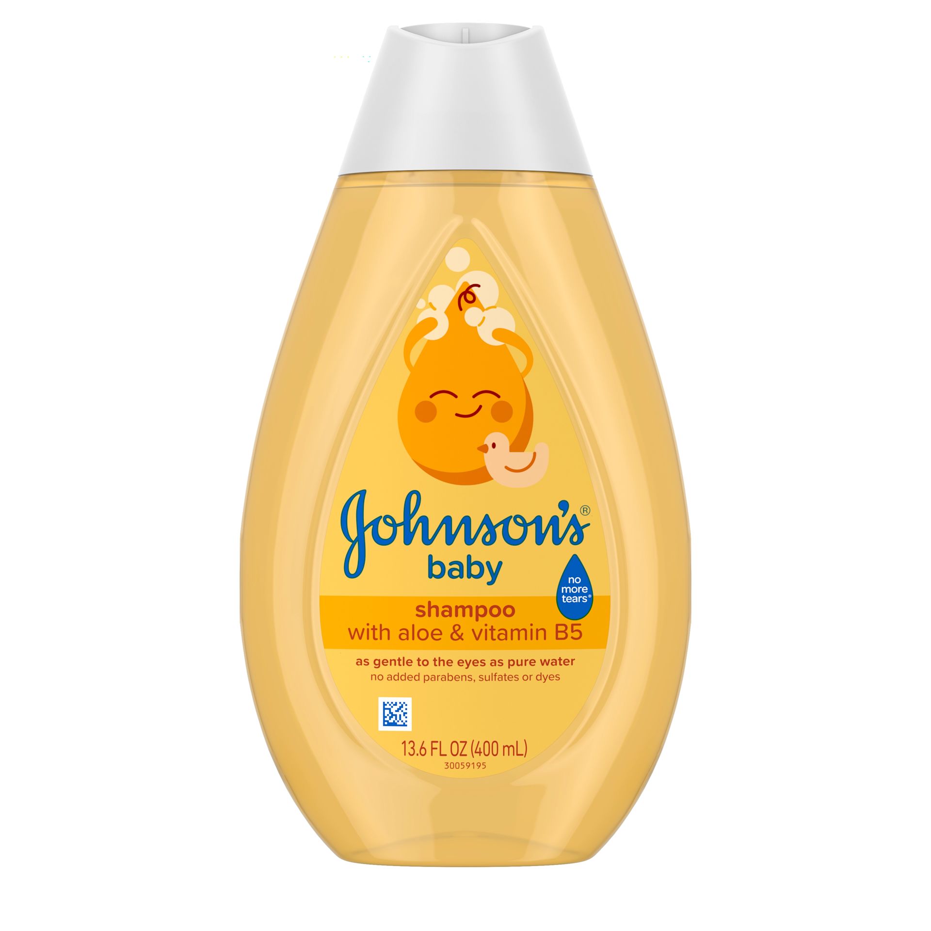 Front Pack Johnson's Baby Shampoo 13.6FL OZ 400ML - with Aloe and Vitamin B5, in a bottle.