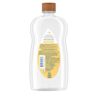Back view of Johnson's Baby Shea & Cocoa Butter Oil, 20 fl oz bottle, with mildness guarantee, no parabens, phthalates, or dyes, locks in up to 10x more moisture, suitable for babies.
