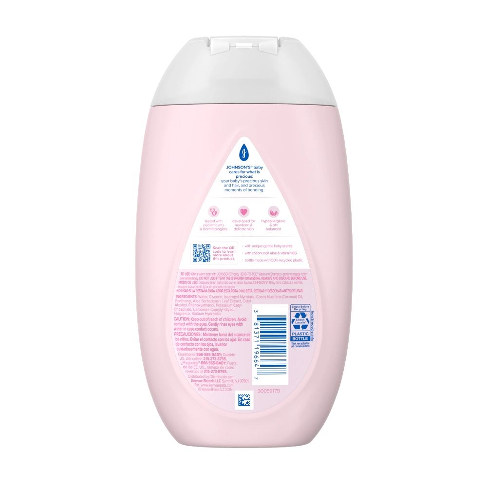 A light pink bottle of Johnson's baby lotion with a logo at the top of the label. The label also includes product information and a barcode on the lower right side. Recycling details are provided at the bottom.
