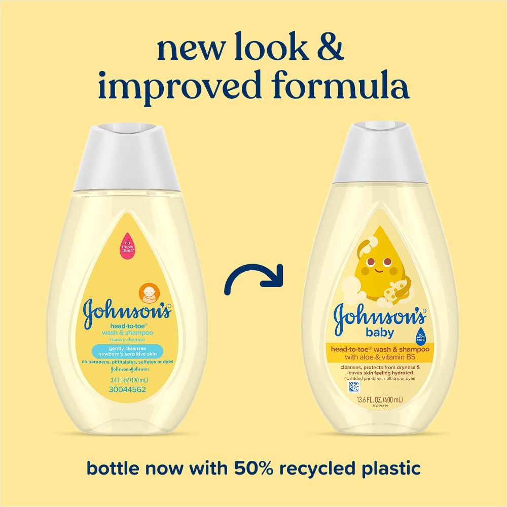Before-and-after comparison of Johnson's baby wash and shampoo bottles, highlighting the new packaging design and improved formula
