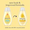 Before-and-after comparison of Johnson's baby wash and shampoo bottles, highlighting the new packaging design and improved formula