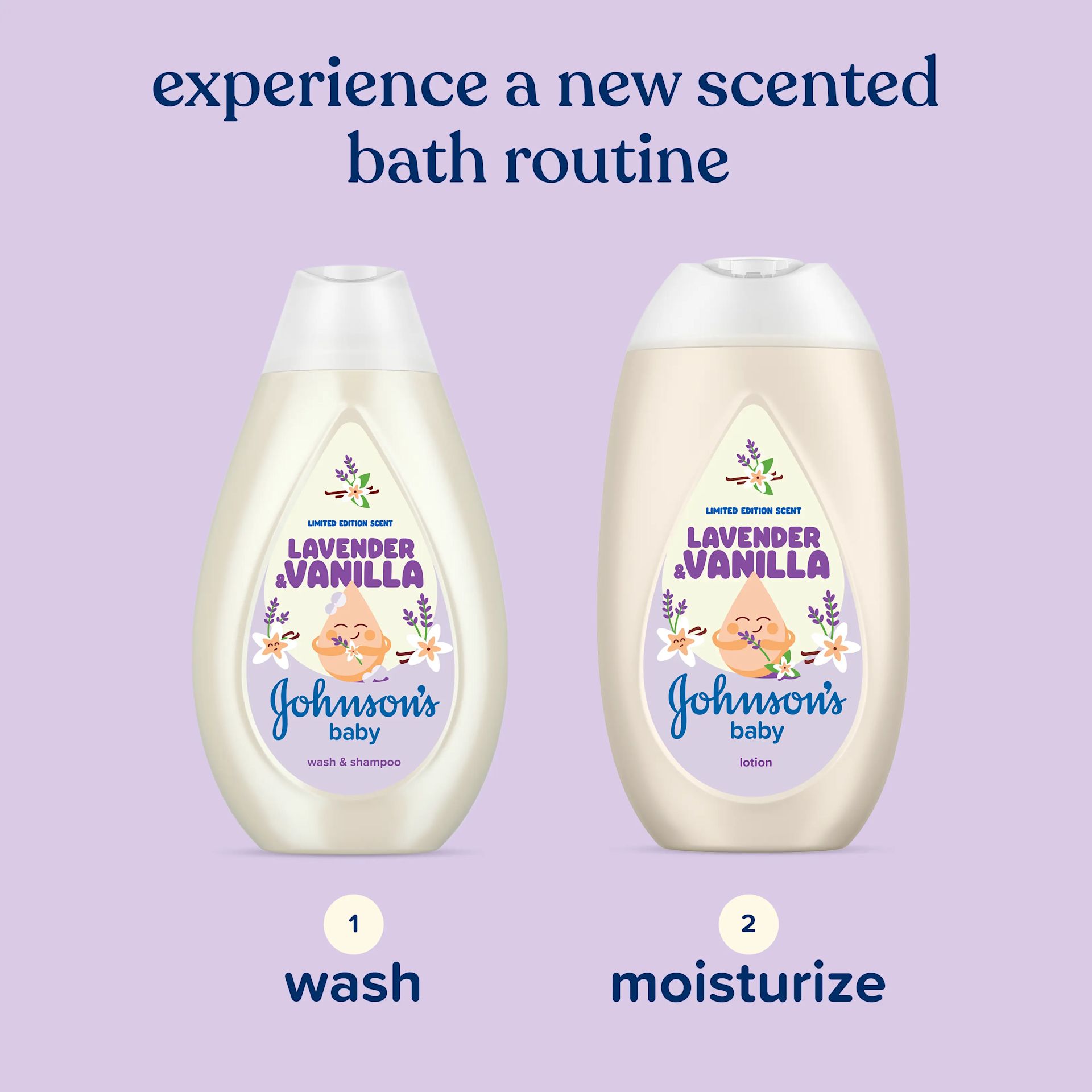  JOHNSON’S® Experience a new scented bath routine, 1 wash & 2 moisture