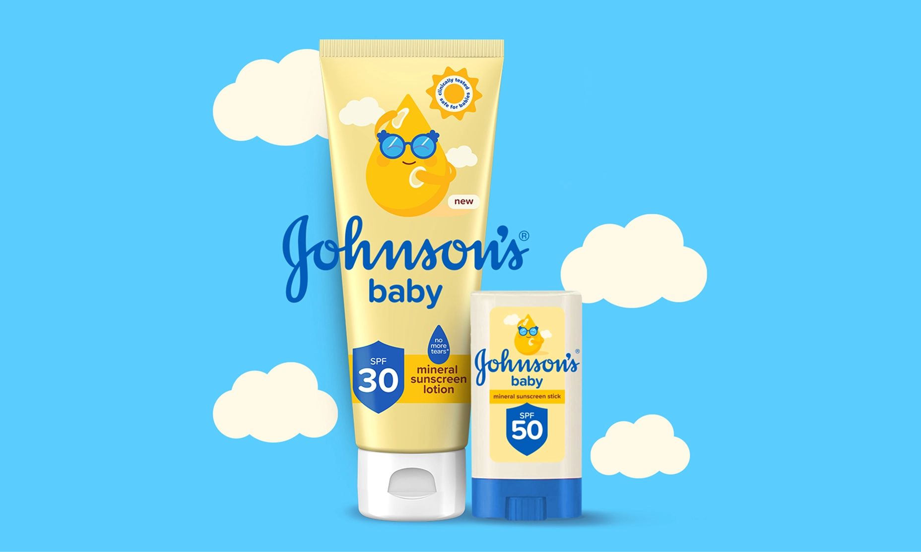 Johnson's Baby Homepage Banner Featuring Sun Protection Mineral Sunscreen Lotion & Stick