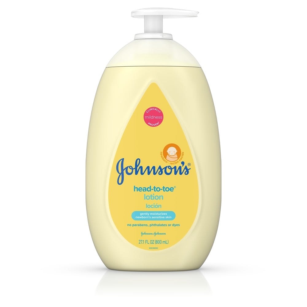 A bottle of Johnson's head-to-toe lotion with a yellow label, indicating it is gentle and free of parabens, phthalates, or dyes.