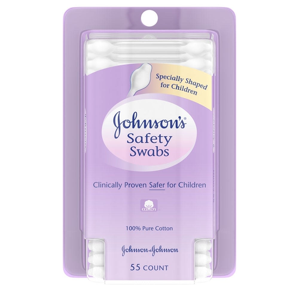 Johnson's Safety Swabs package, specially shaped and clinically proven safer for children, made with 100% pure cotton, containing 55 swabs.