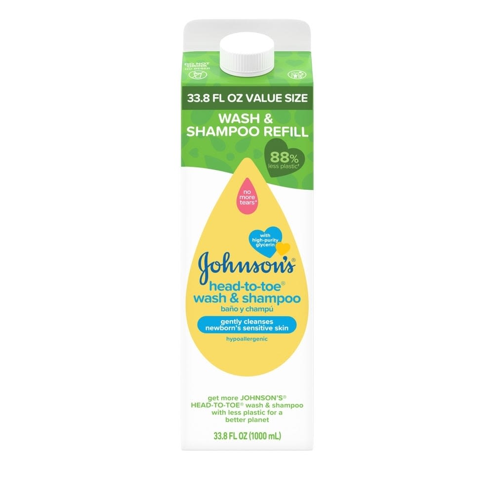 A 33.8 fl oz rectangular green and white carton labeled “Johnson’s head-to-toe wash & shampoo,” with text: “88% less plastic, no more tears, gently cleanses newborn’s sensitive skin, hypoallergenic, 1000 mL.”