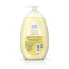 A bottle of baby lotion with a pump dispenser stands alone. The label displays the text: "Baby Dove Lotion, Rich Moisture, Hypoallergenic, Pediatrician Approved, 0% Parabens, Dye-Free, Fragrance-Free, 20 fl oz (591 ml)."