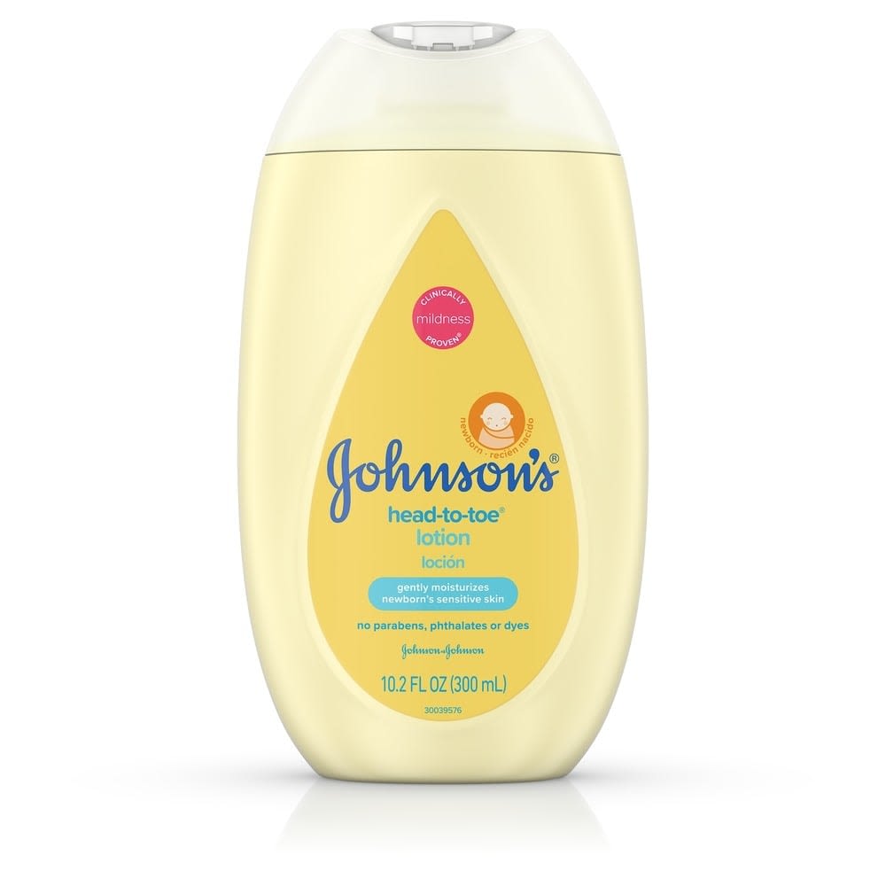 A 10.2 fl oz bottle of Johnson's head-to-toe lotion with a yellow label, indicating it is gentle and free of parabens, phthalates, or dyes.