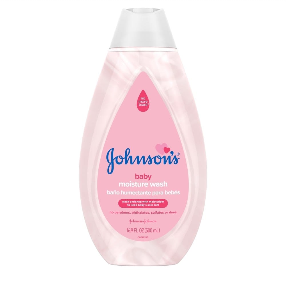 Johnsons Baby Moisture Wash bottle, 16.9 FL OZ (500 mL), pink packaging with 'no more tears' label, suitable for baby's delicate skin, free from parabens, phthalates, sulfates, and dyes.