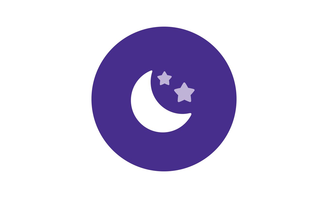 A white crescent moon and two stars float against a purple circular background.