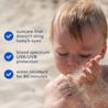 Suncare that doesn’t sting baby’s eyes, broad spectrum UVA/UVB water resistant