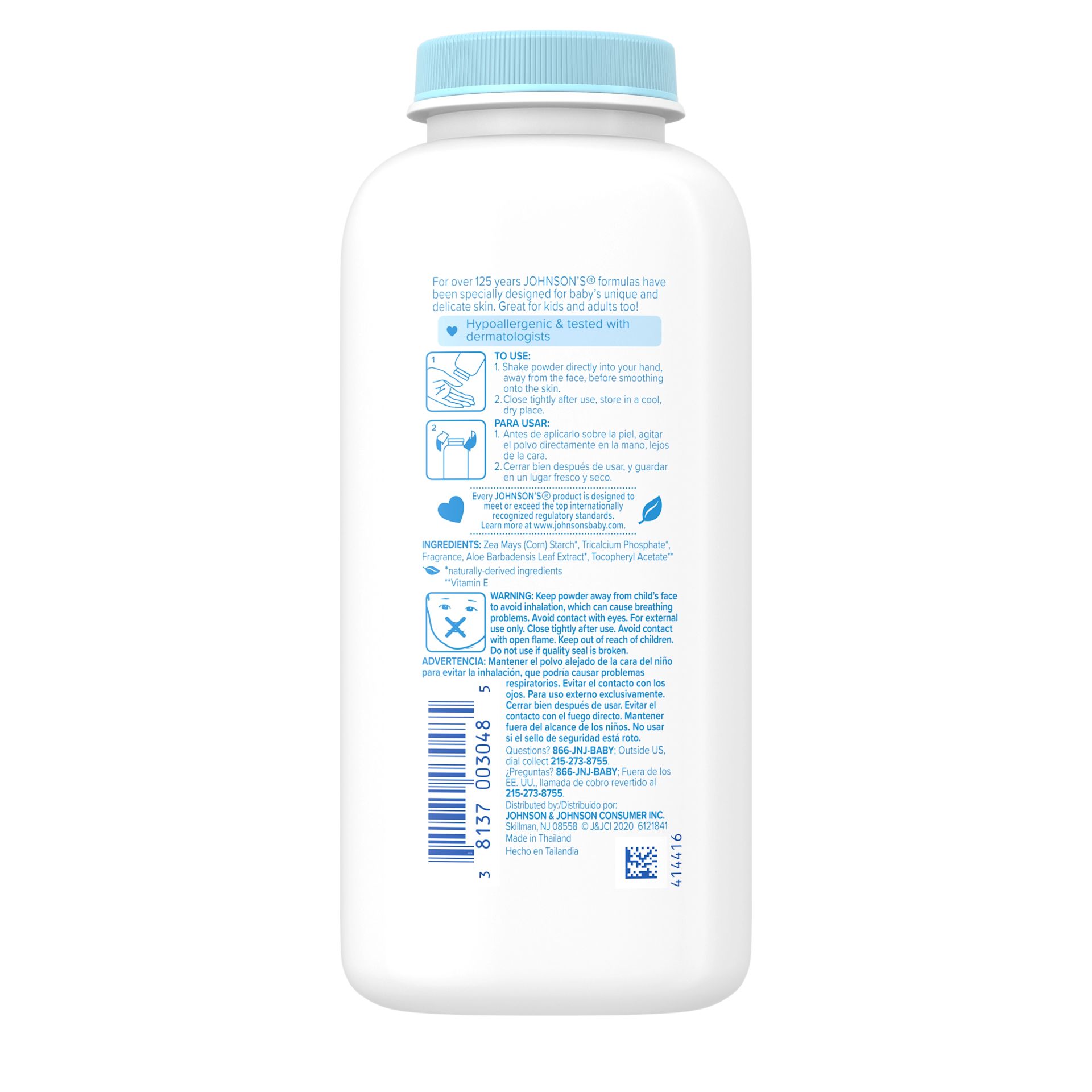 Back Pack Shot of Johnson's® Cornstarch Baby Powder with Aloe & Vitamin E 9oz 255g