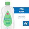 Front view of a clear bottle of Johnson's baby oil with Aloe and Vitamin E, labeled as suitable for baby, 20 FL OZ.