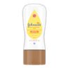 A clear plastic bottle with a brown cap contains Johnson’s Shea & Cocoa butter oil gel. The bottle has a teardrop-shaped label with text: "Johnson’s Oil Gel with Shea & Cocoa Butter."