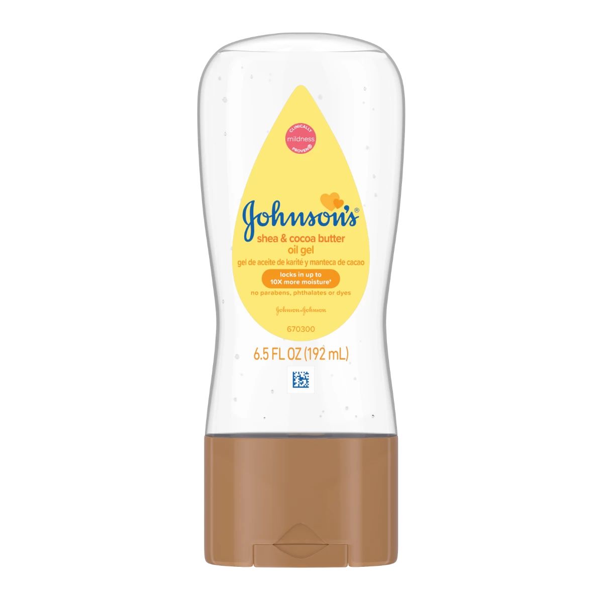 A transparent bottle labeled "Johnson's Shea & Cocoa Butter Oil Gel" with a brown cap, containing 6.5 FL OZ (192 mL). Notable features: 24-hour moisture, for dry skin. In a well-lit, plain setting.