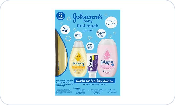 Gift Sets card image, featuring JOHNSON’S® Baby first touch gift set