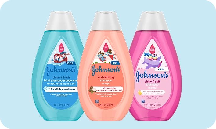 Kids hair care products card image, featuring JOHNSON’S® Kids hair care lineup