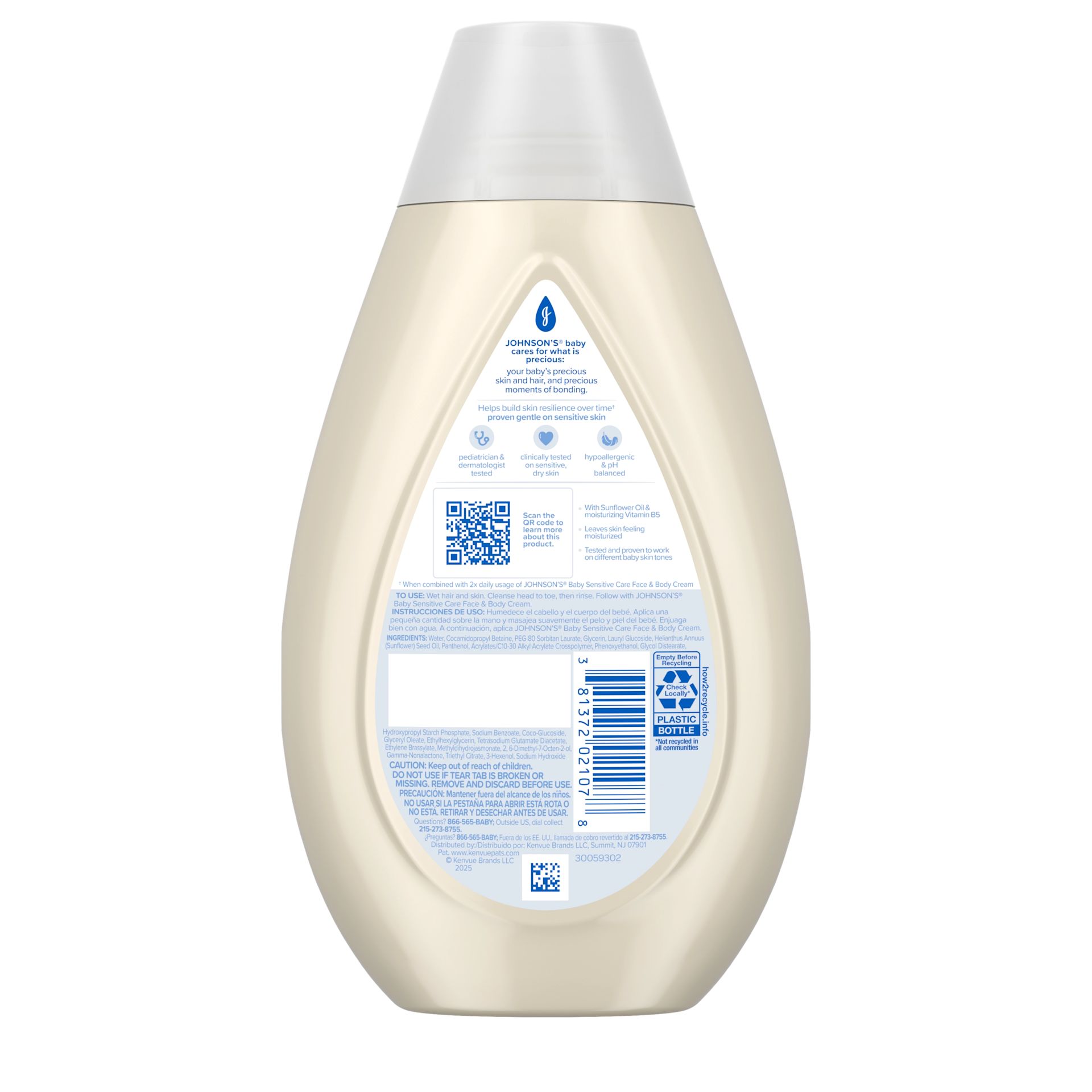 Back Pack shot of Johnson's® Sensitive Care Baby Body Wash & Shampoo 13.6FL OZ 400ML