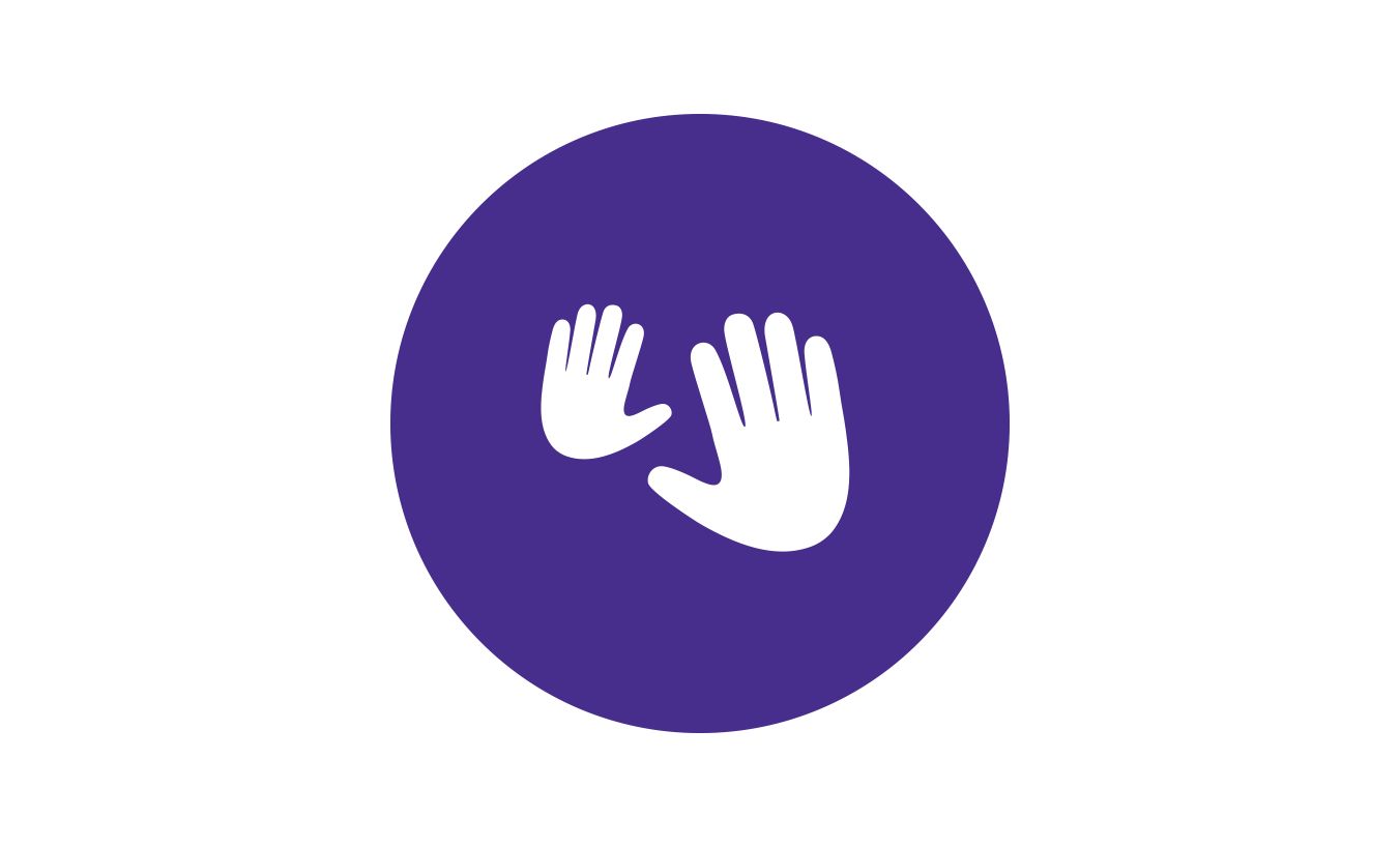White icon of two hands, one larger and one smaller, positioned together on a purple circular background.