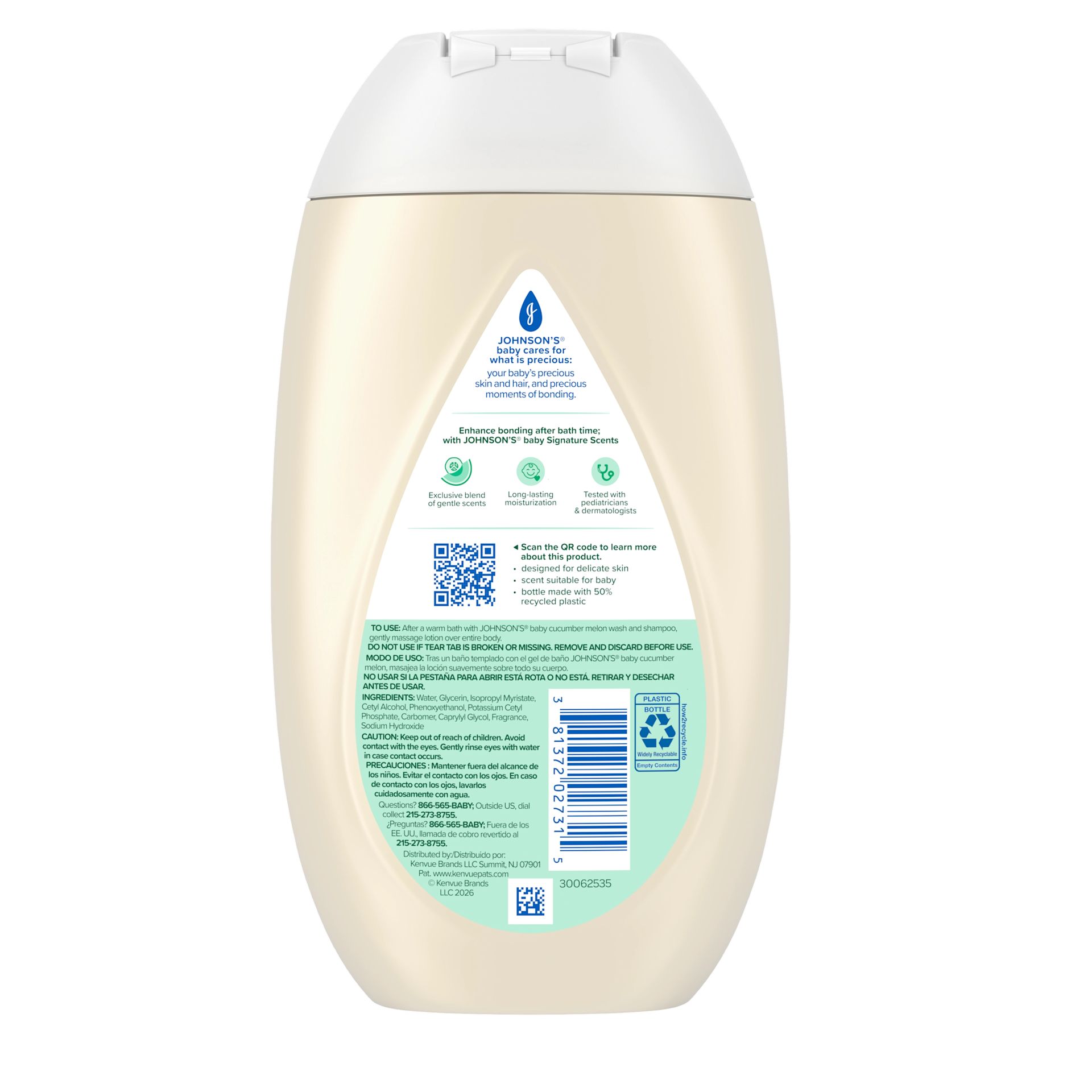  Back of Pack Shot JOHNSON’S® Baby Lotion, Cucumber Melon Scent, 13.6oz