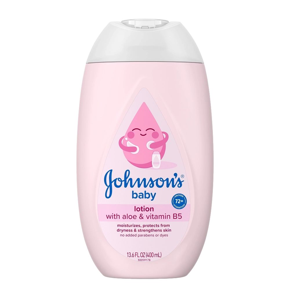 Johnson's baby lotion bottle with a pink base, white cap, and Johnson's logo. The label advertises 72-hour hydration and features aloe and vitamin B5.