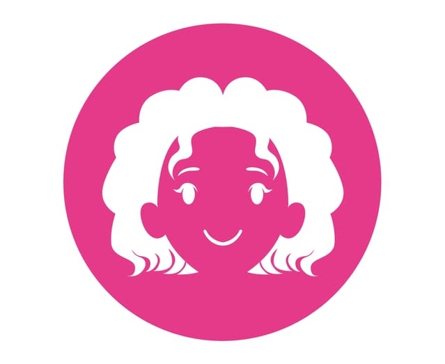 A white, stylized girl’s face with curly hair, smiling within a circular, bright pink background.
