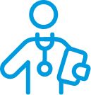 Blue icon of a healthcare professional holding a clipboard, symbolizing access to quality care and the support provided by nurses and midwives.