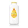 A white bottle labeled "Johnson's Baby Powder" with a yellow cap and text reading "Trusted since 1894, Soothes and Freshens, Pure Cornstarch Powder, 200g". The bottle is against a plain white background.