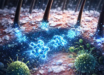 A close-up illustration of the scalp showing dandruff flakes and microbes, with zinc pyrithione molecules working on the scalp surface to reduce flakes and restore scalp balance.