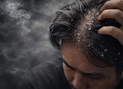 Person noticing hair fall with dandruff visible, set against a faint smoky background to connect smoking with scalp damage.
