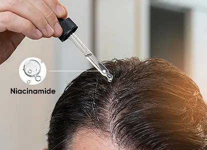 A clean, minimal visual showing a scalp and hair strand with niacinamide molecules or icons penetrating the scalp, representing improved scalp health and stronger hair.