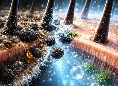 A close-up visual of a scalp with charcoal particles (black textured elements) lifting oil, dirt, and buildup, showing a transition to a clean, refreshed scalp.