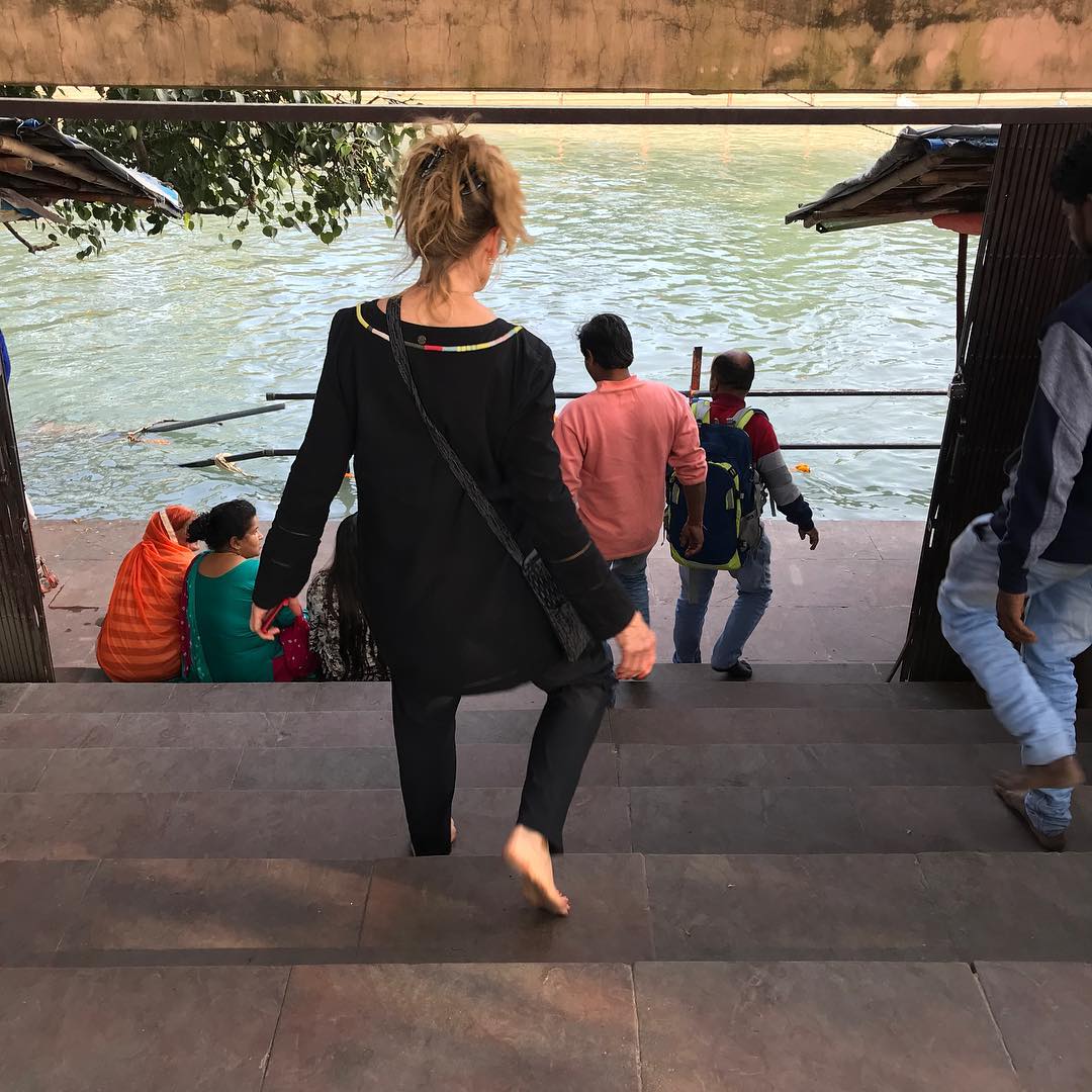 Down the steps to the Ganges.