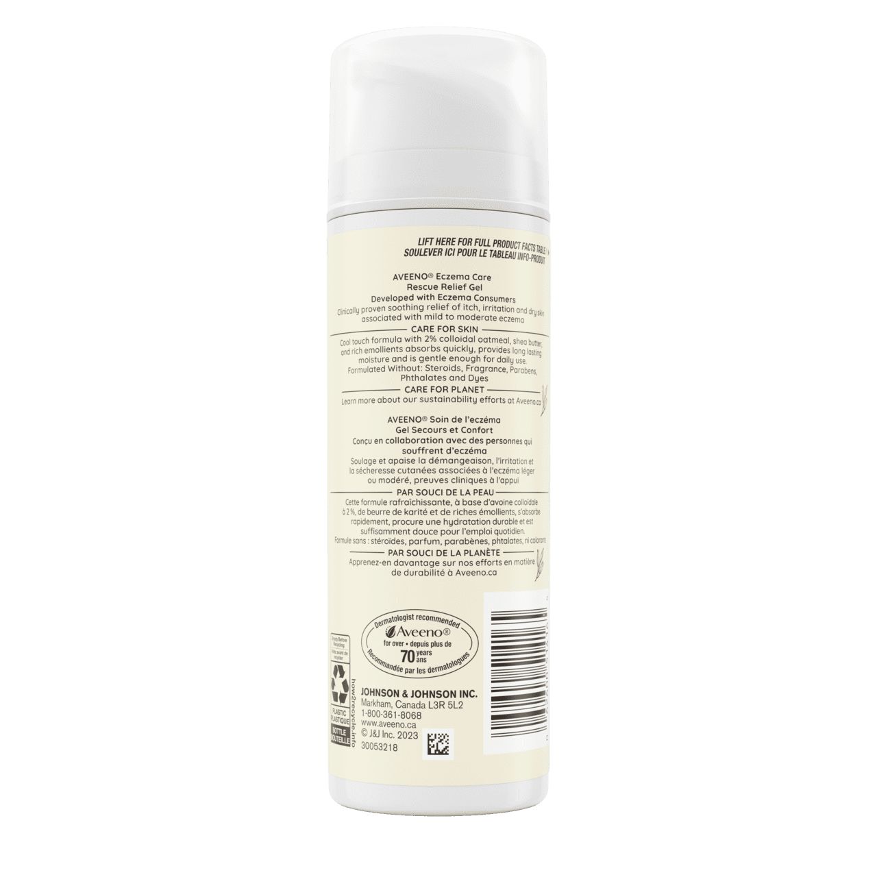 Arrière du flacon-pompe de 150 ml du gel secours et confort AVEENO® Soin de l’eczéma
